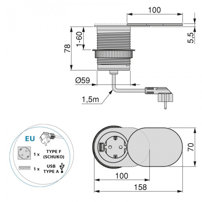 Πολύμπριζο Flat 60 με θύρα USB Emuca 5048065