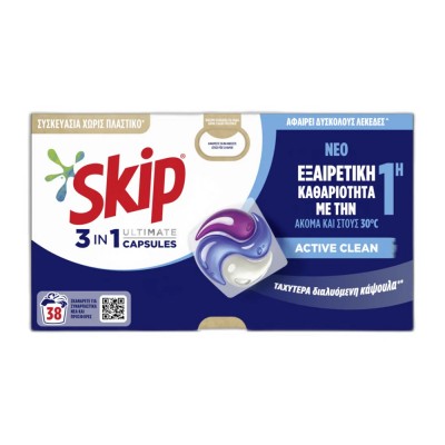 Skip Caps Active Clean Απορρυπαντικό Πλυντηρίου Ρούχων σε Κάψουλες 802gr 38Τεμάχια