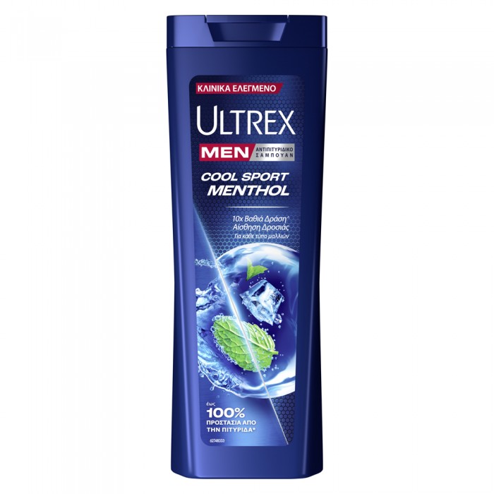 Ultrex Men Σαμπουάν Μαλλιών Αντιπιτυριδικό Cool Sport Menthol Με Δροσιστική Μέντα για Κάθε Τύπο Μαλλιών 360ml