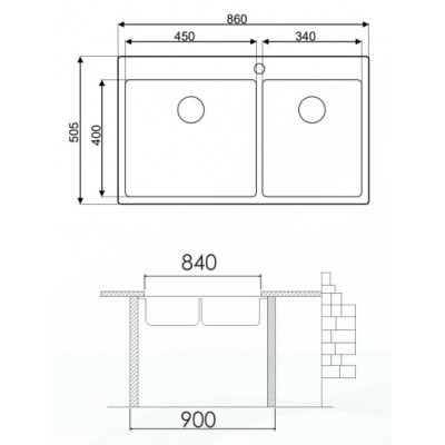 Νεροχύτης Χειροποίητος με 2 γούρνες Victoria Excel 720cms280 (86x50,5) Σατινέ