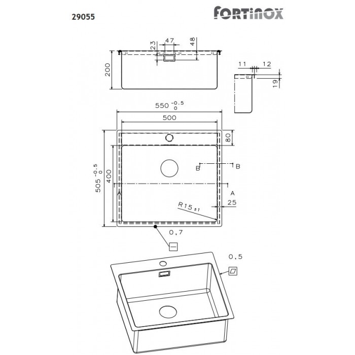 Ανοξείδωτος νεροχύτης Fortinox Squadro 29055-110 (55x50,5)