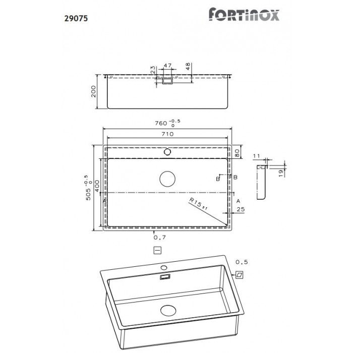 Ανοξείδωτος νεροχύτης Fortinox Squadro 29075-110 (76x50,5)