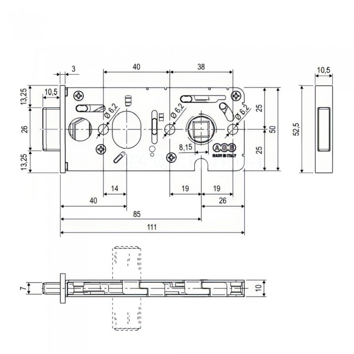 Κλειδαριά με Πόμολο AGB Vitra με πρόσοψη 52,5x10,5mm και κύλινδρο πομόλου 48mm σε χρώμα νίκελ ματ