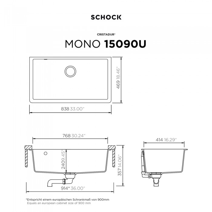 Νεροχύτης Υποκαθήμενος Mono 83,8x46,9 Schock 15090U-1302 Polaris CRISTADUR