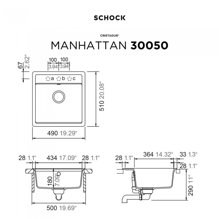 Νεροχύτης Γρανιτένιος Ένθετος Manhattan Cristalite 49x51 με 1 Γούρνα Για Ερμάριο 45 cm Schock 30050-1421 Asphalt