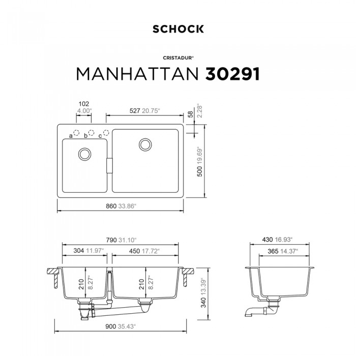 Νεροχύτης Γρανιτένιος Ένθετος Manhattan Cristalite 86x50 με 2 Γούρνες Για Ερμάριο 90 cm Schock 30291-1301 Superwhite