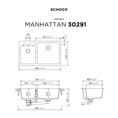 Νεροχύτης Γρανιτένιος Ένθετος Manhattan Cristalite 86x50 με 2 Γούρνες Για Ερμάριο 90 cm Schock 30291-1441 Concr-Beton