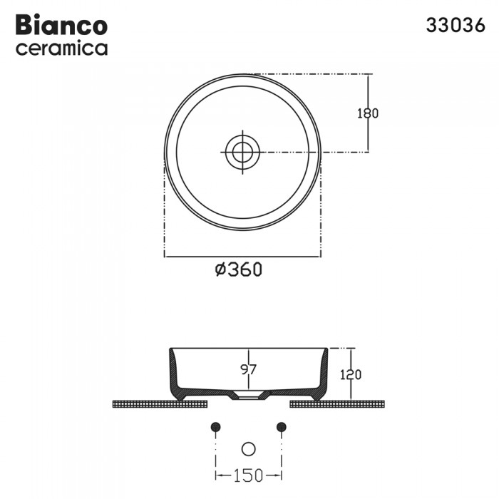 Νιπτήρας Μπάνιου Επιτραπέζιος Φ36 Bianco Ceramica 33036-300 Λευκό Γυαλιστερό