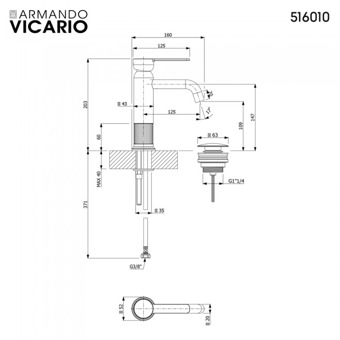 Μπαταρία Νιπτήρα με Βαλβίδα Clic-Clac Lumiere Vicario 516010-221 Antique Brass