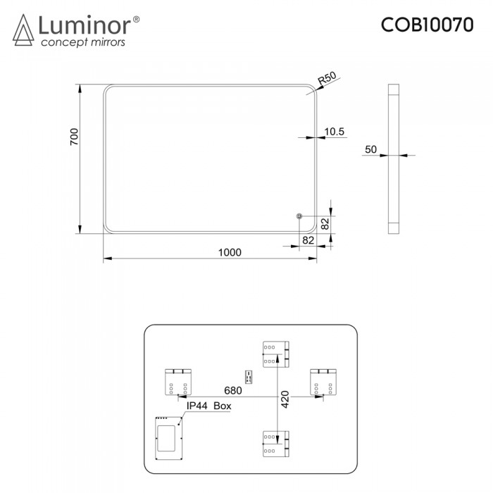 Καθρέπτης Cob Light 100x70 cm Φωτιζόμενος Led με Μαύρο μεταλλικό Πλαίσιο Luminor COB10070 Black Matt