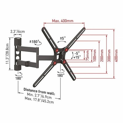 Βάση Τηλεόρασης Τοίχου για 13” έως 65” VESA 400x400mm Τεσσάρων Κινήσεων Barkan TV- FLAT/CURVED