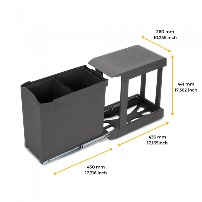 Συστημα Συρόμενων Δοχείων Απορριμμάτων  Κουζίνας, 2 x 14L με Κάτω Στερέωση και Αυτόματο Ανοιγμα από Ατσάλι και Πλαστικό Emuca 8907023 σε Γκρι Ανθρακί