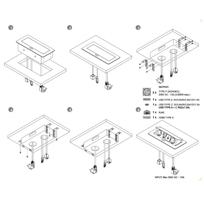 Πρίζα Γραφείου 120x265mm Ασημί με 2 Πρίζες Σούκο - HDMI - RJ45 - USB A - USB C Emuca 5039925