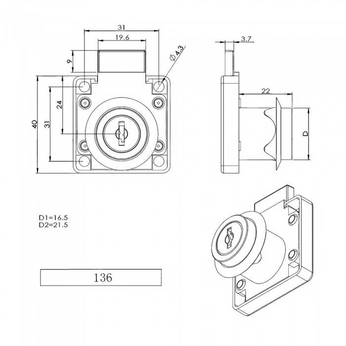 Κλειδαριά Επίπλου EVERGOOD Model 136 με Διάμετρο Κυλίνδρου 16.5mm και Μήκος Κυλίνδρου 22mm (D16.5 x L22) σε χρώμα Χρώμιο