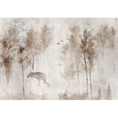 Φωτοταπετσαρία - Among the trees - landscape in grey tones in fog in a clearing with birds