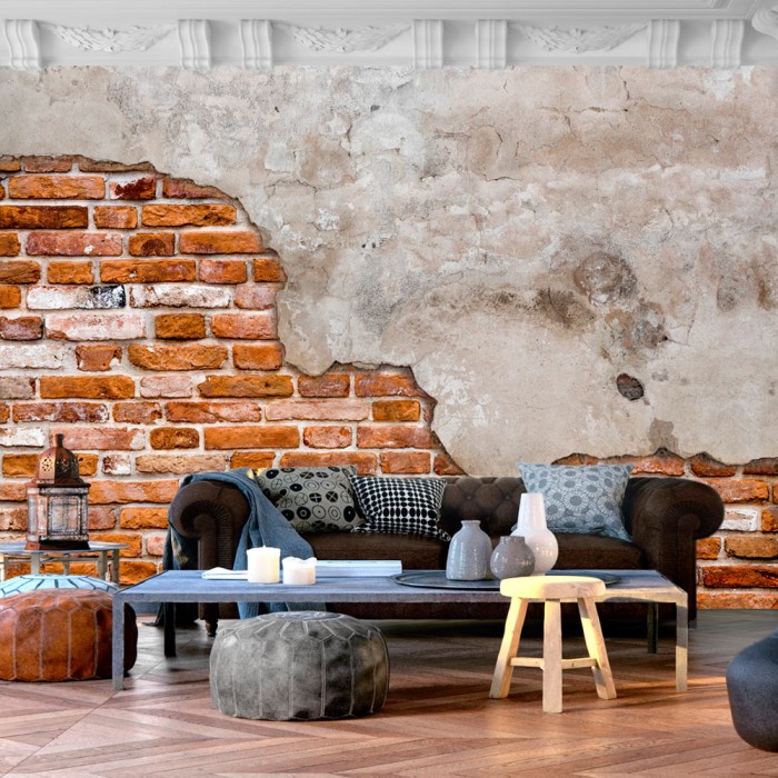 Φωτοταπετσαρία - Eclectic masonry - slabs of textured concrete on a background of red bricks