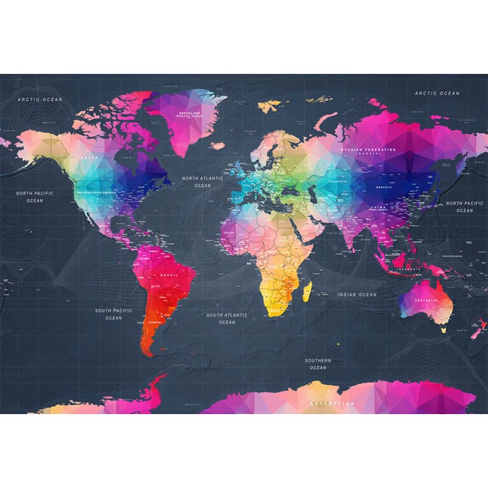 Φωτοταπετσαρία - Coloured world map - geometric outline with inscriptions in English