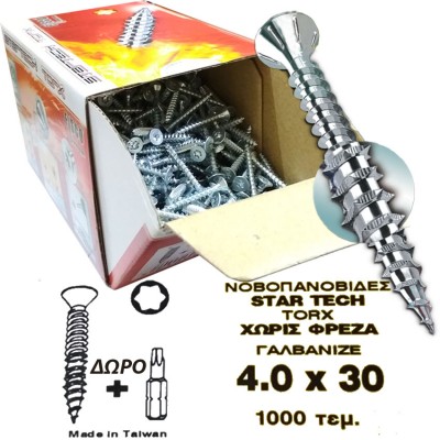 Νοβοπανόβιδες Torx 4mm πάχος και 30mm μήκος Γαλβανιζέ StarTech 1000τεμ.